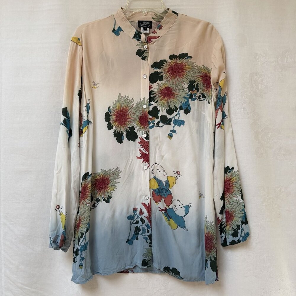 Citron Santa Monica Blouse Womens Large Kimono Style Asian Button Up Shirt Party